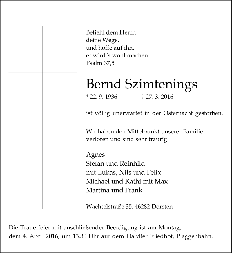 Traueranzeige für Bernd Szimtenings vom 30.03.2016 aus Stadtspiegel Haltern + Dorsten