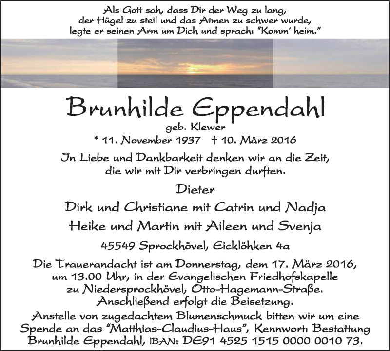  Traueranzeige für Brunhilde Eppendahl vom 12.03.2016 aus Stadtspiegel Hattingen/Niedersprockhövel