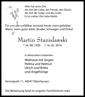 Traueranzeige von Martin Stanislawski von Wochen-Anzeiger Oberhausen