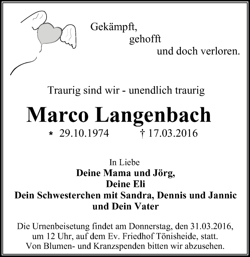  Traueranzeige für Marco Langenbach vom 23.03.2016 aus Stadtanzeiger Velbert + Heiligenhaus