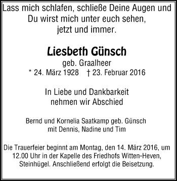 Traueranzeige von Liesbeth Günsch von Stadtspiegel Bochum
