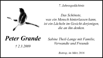 Traueranzeige von Peter Grande von Stadtspiegel Bottrop