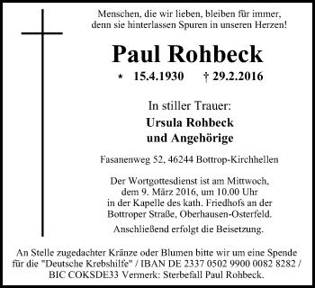 Traueranzeige von Paul Rohbeck von Stadtspiegel Bottrop