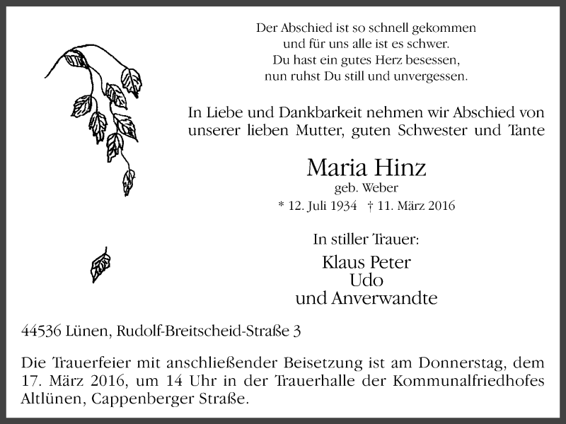  Traueranzeige für Maria Hinz vom 12.03.2016 aus Lüner Anzeiger