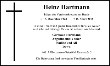 Traueranzeige von Heinz Hartmann von Wochen-Anzeiger Oberhausen