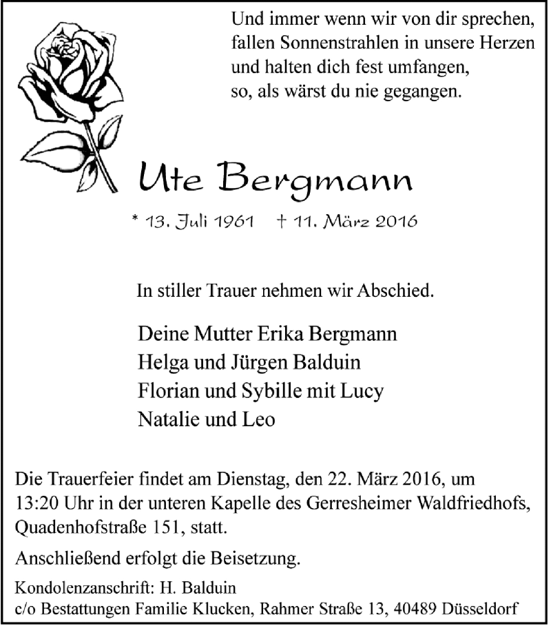 Traueranzeige für Ute Bergmann vom 16.03.2016 aus Rheinbote Düsseldorf