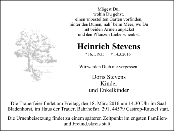 Traueranzeige von Heinrich Stevens von Stadtanz.Castrop-Rauxel