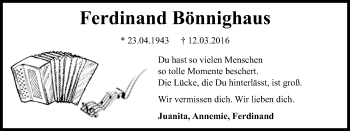 Traueranzeige von Ferdinand Bönnighaus von Wochenblatt Herne/Wanne-Eickel