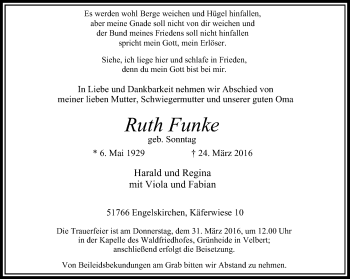 Traueranzeige von Ruth Funke von Stadtanzeiger Velbert + Heiligenhaus