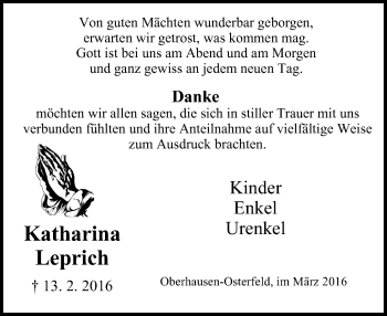 Traueranzeige von Katharina Leprich von Wochen-Anzeiger Oberhausen