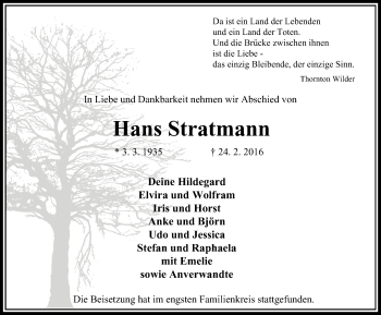 Traueranzeige von Hans Stratmann von Stadtanzeiger Velbert + Heiligenhaus