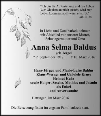 Traueranzeige von Anna Selma Baldus von Stadtspiegel Hattingen/Niedersprockhövel
