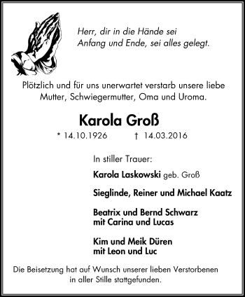 Traueranzeige von Karola Groß von Stadtspiegel Gladbeck