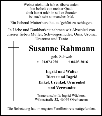 Traueranzeige von Susanne Rahmann von Wochen-Anzeiger Oberhausen