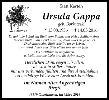 Traueranzeige von Ursula Gappa von Wochen-Anzeiger Oberhausen