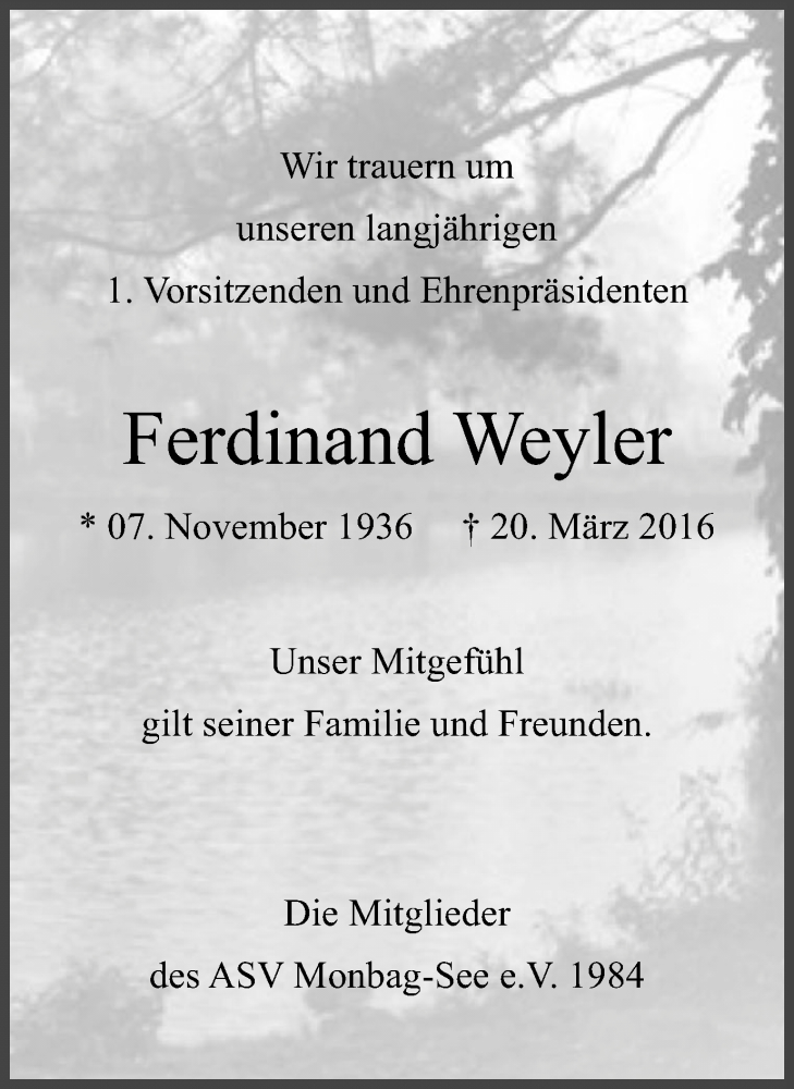  Traueranzeige für Ferdinand Weyler vom 26.03.2016 aus Wochen-Anzeiger Langenfeld/Monheim/Hilden