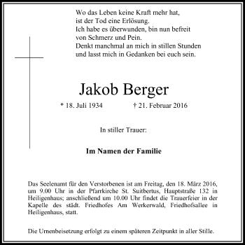 Traueranzeige von Jakob Berger von Stadtanzeiger Velbert + Heiligenhaus