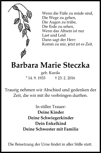 Traueranzeige von Barbara Marie Steczka von Wochenblatt Herne/Wanne-Eickel