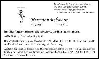 Traueranzeige von Hermann Rehmann von Stadtspiegel Bottrop