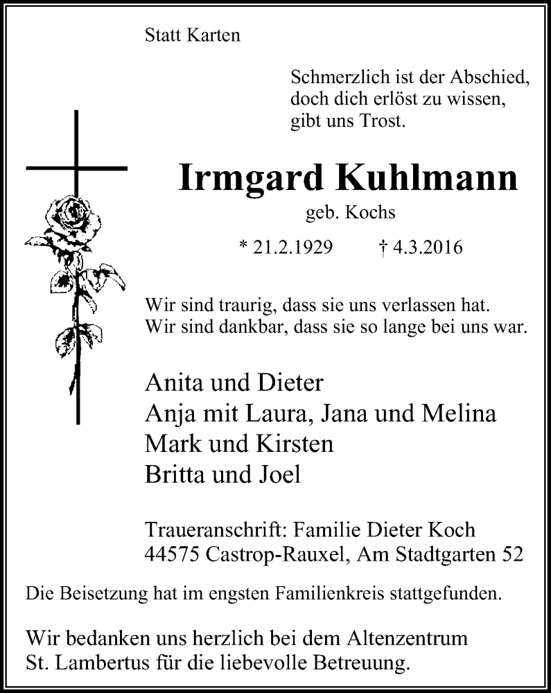  Traueranzeige für Irmgard Kuhlmann vom 12.03.2016 aus Stadtanz.Castrop-Rauxel