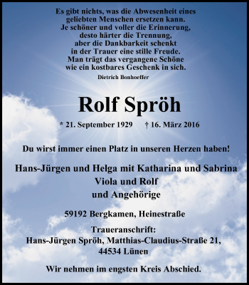 Traueranzeige von Rolf Spröh von Lüner Anzeiger