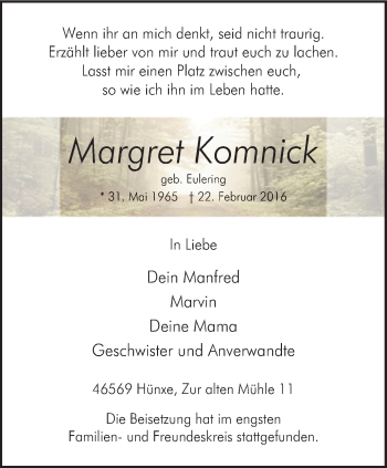 Traueranzeige von Margret Komnick von Stadtspiegel Bottrop