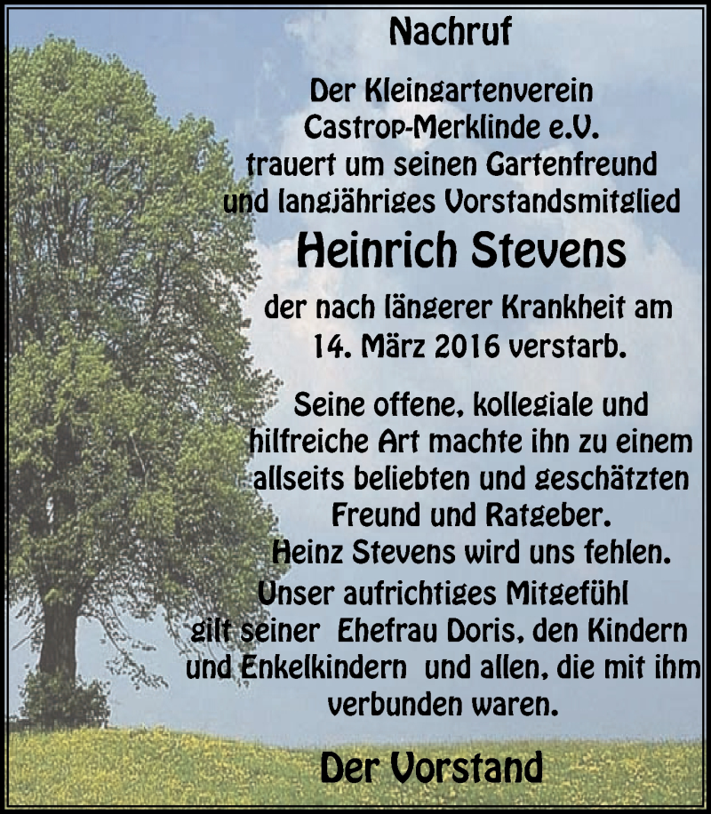  Traueranzeige für Heinrich Stevens vom 23.03.2016 aus Stadtanz.Castrop-Rauxel