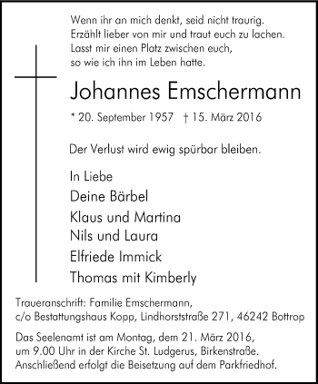 Traueranzeige von Johannes Emschermann von Stadtspiegel Bottrop