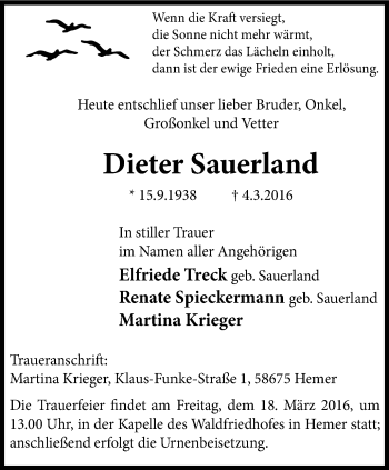 Traueranzeige von Dieter Sauerland von Stadtspiegel Iserlohn + Hemer