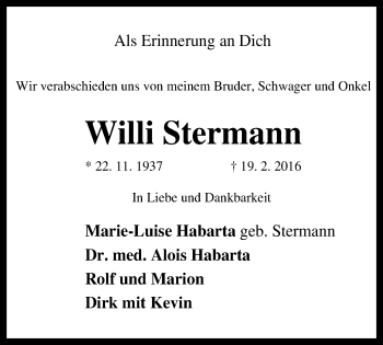 Traueranzeige von Willi Stermann von Mülheimer Woche