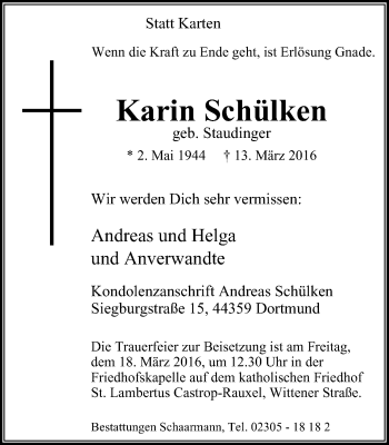 Traueranzeige von Karin Schülken von Stadtanz.Castrop-Rauxel