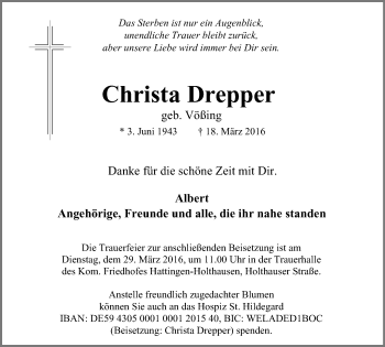 Traueranzeige von Christa Drepper von Stadtspiegel Hattingen/Niedersprockhövel