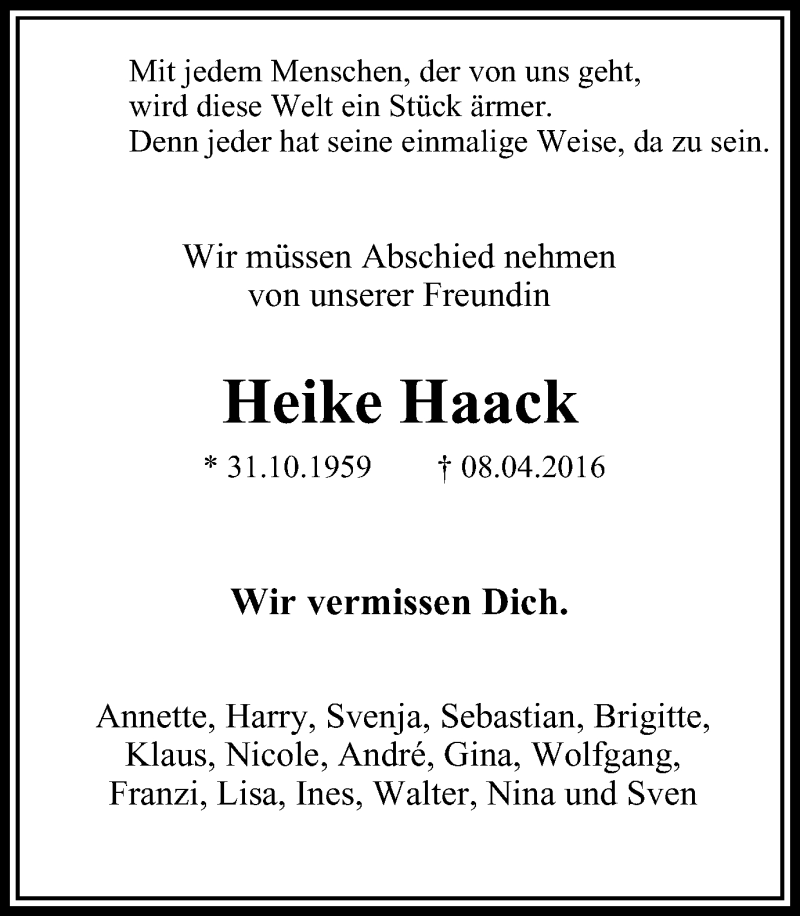 Traueranzeige für Heike Haack vom 16.04.2016 aus Mülheimer Woche