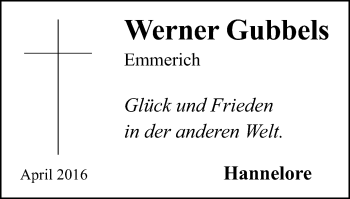 Traueranzeige von Werner Gubbels von Stadtanzeiger Emmerich/Rees/Isselburg