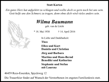 Traueranzeige von Wilma Baumann von Stadtanzeiger Emmerich/Rees/Isselburg