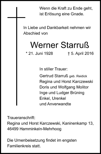 Traueranzeige von Werner Starruß von Stadtspiegel Bottrop