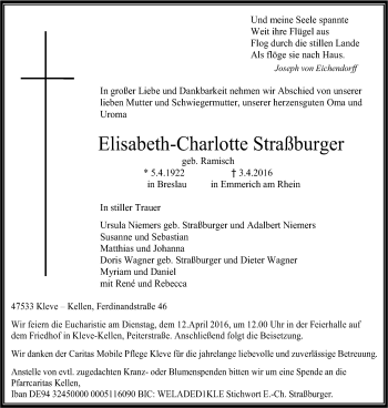 Traueranzeige von Elisabeth-Charlotte Straßburger von Klever Wochenblatt