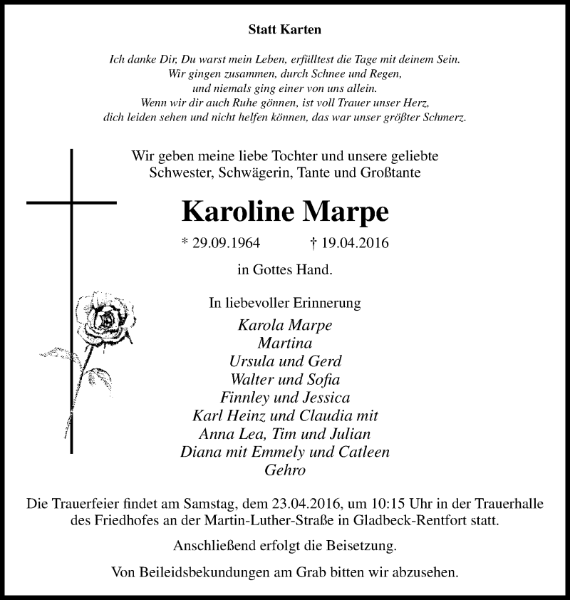  Traueranzeige für Karoline Marpe vom 23.04.2016 aus Stadtspiegel Gladbeck
