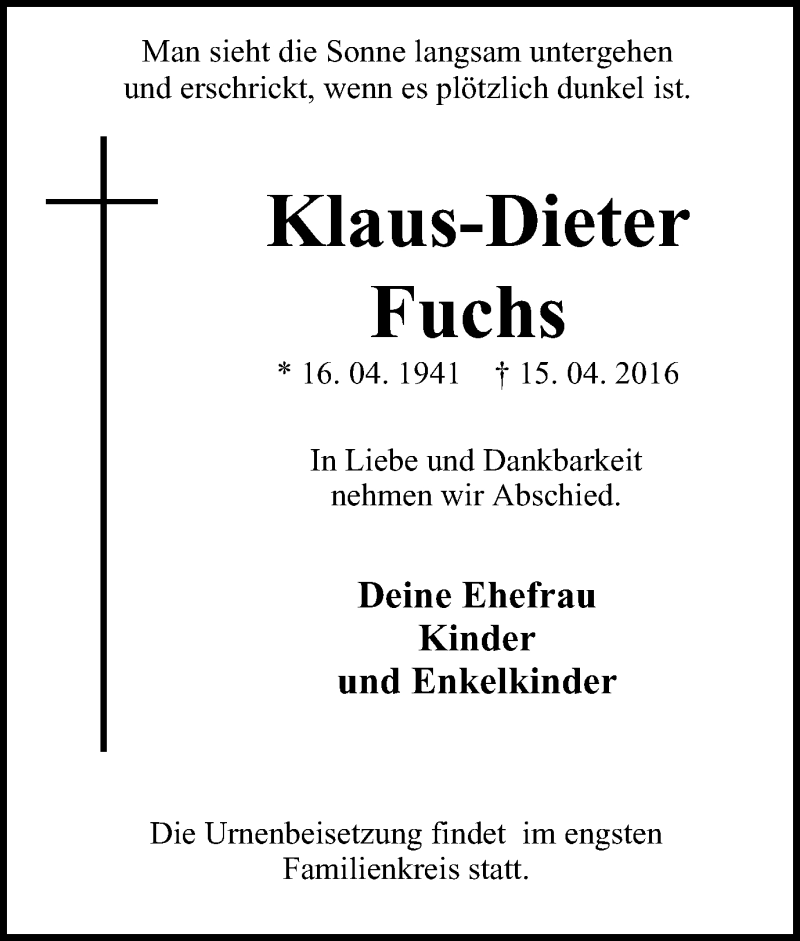 Traueranzeigen von KlausDieter Fuchs TrauerinNRW.de