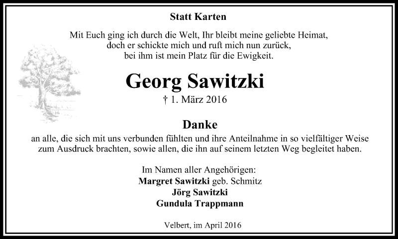  Traueranzeige für Georg Sawitzki vom 16.04.2016 aus Stadtanzeiger Velbert + Heiligenhaus