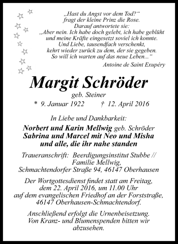 Traueranzeige von Margit Schröder von Wochen-Anzeiger Duisburg