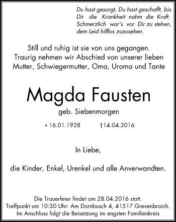 Traueranzeige von Magda Fausten von Rheinbote Düsseldorf