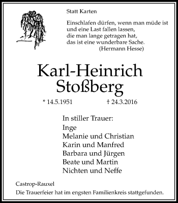 Traueranzeige von Karl-Heinrich Stoßberg von Stadtanz.Castrop-Rauxel