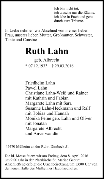 Traueranzeige von Ruth Lahn von Mülheimer Woche