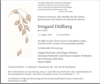 Traueranzeige von Irmgard Düllberg von Lüner Anzeiger