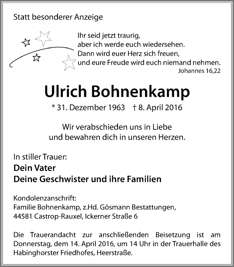  Traueranzeige für Ulrich Bohnenkamp vom 13.04.2016 aus Stadtanz.Castrop-Rauxel