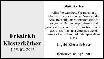 Traueranzeige von Friedrich Klosterköther von Wochen-Anzeiger Oberhausen
