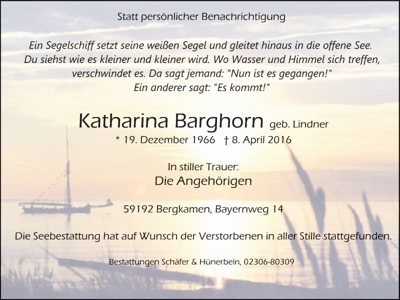 Traueranzeige für Katharina Barghorn vom 23.04.2016 aus Lüner Anzeiger