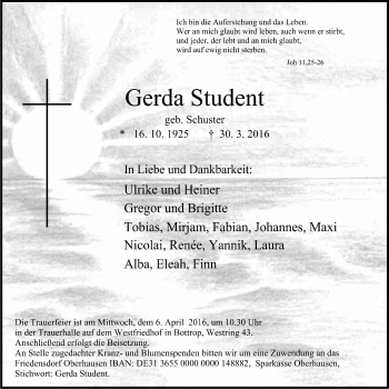 Traueranzeige von Gerda Student von Stadtspiegel Bottrop