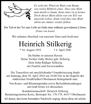 Traueranzeige von Heinrich Stilkerig von Wochen-Anzeiger Oberhausen